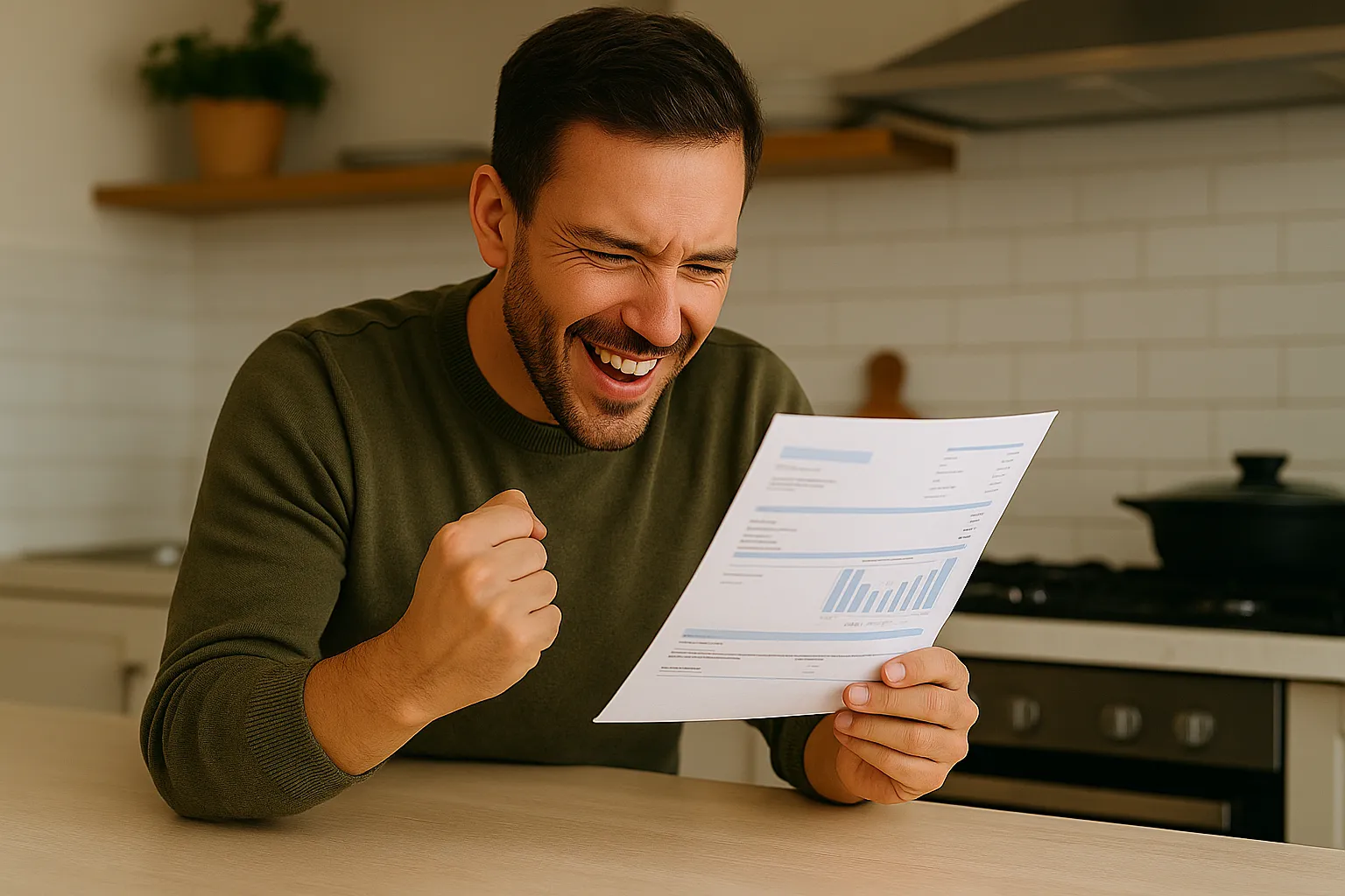 Hombre sonriente revisa una factura apoyado en la encimera de su cocina, con gesto de entusiasmo y alivio al comprobar que está ahorrando.
