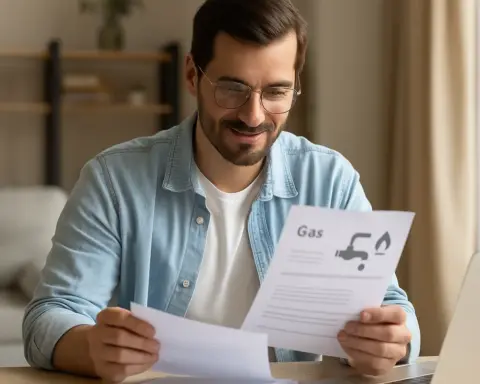 Hombre revisando facturas de gas en una mesa, con expresión relajada, en un salón luminoso y moderno con portátil y documentos.
