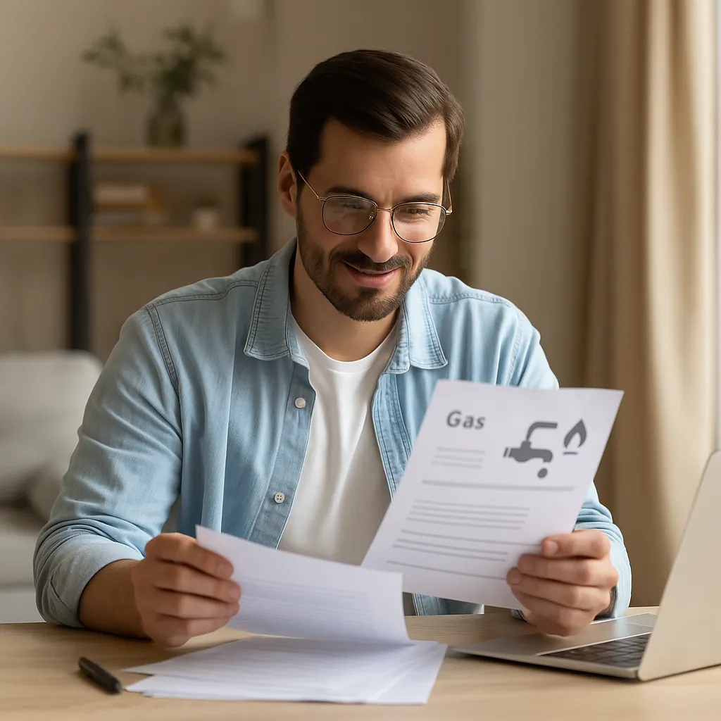 Hombre revisando facturas de gas en una mesa, con expresión relajada, en un salón luminoso y moderno con portátil y documentos.