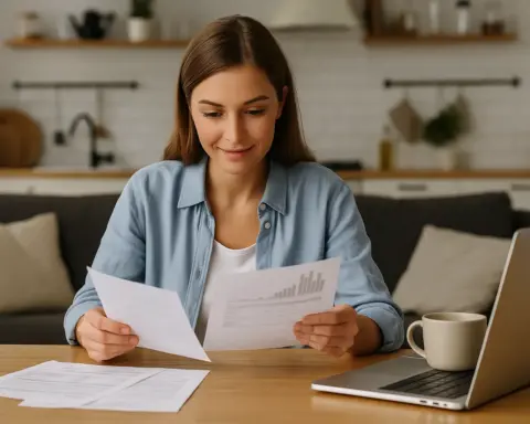 Mujer joven revisa facturas de Podo sentada en una mesa con portátil y taza, en un salón moderno..