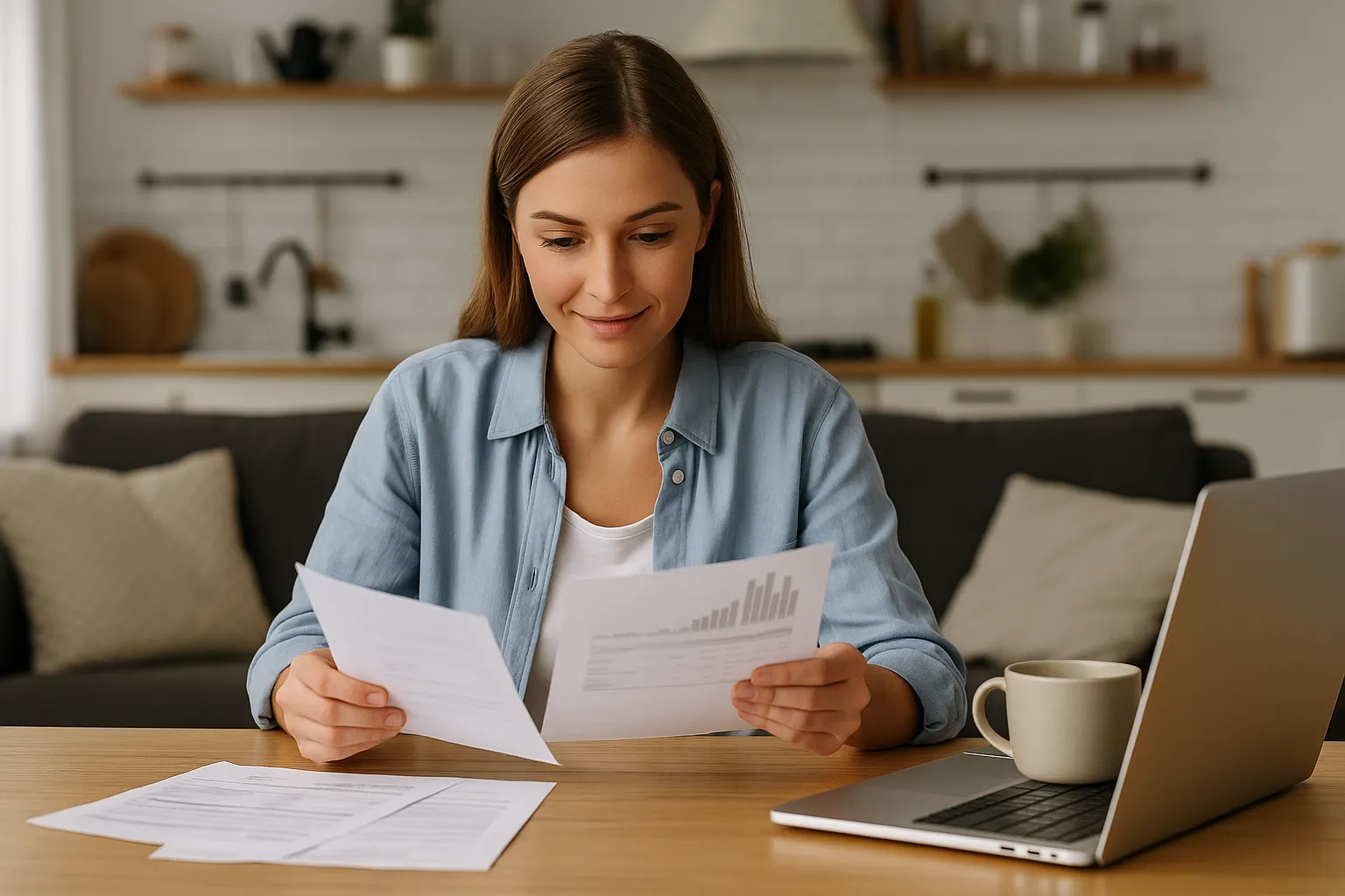 Mujer joven revisa facturas de Podo sentada en una mesa con portátil y taza, en un salón moderno..