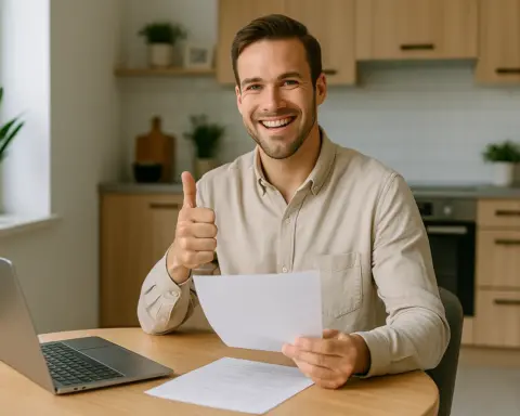 Hombre sonriente con gesto de aprobación revisa la factura del gas de Xenera en su cocina.