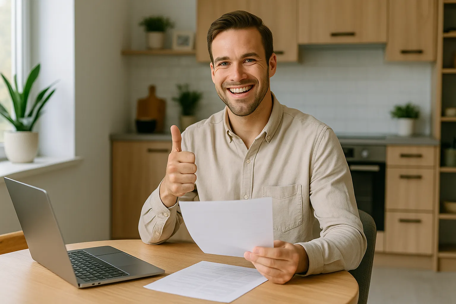 Hombre sonriente con gesto de aprobación revisa la factura del gas de Xenera en su cocina.